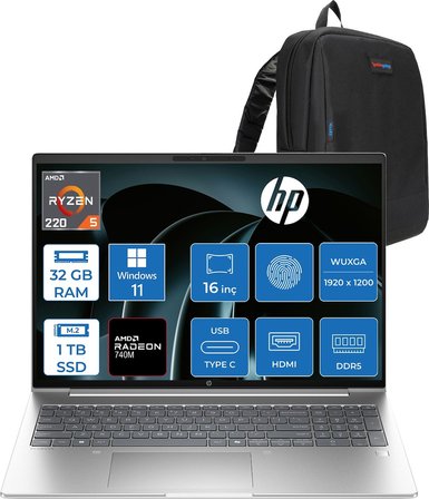 Hp Probook 4 G1AH 16 Amd Ryzen 5 220 4.9ghz 32GB Ddr5 1tb SSD Windows 11 Home Amd Radeon 740M 16" Wuxga (1920 x 1200) IPS 300NITS Taşınabilir Bilgisayar CV0E7ATH13 + Zetta Çanta