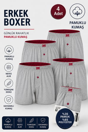 Erkek Penye Boxer 4 Adet %35 Pamuk %65 Polyester (Tutku Yetkili Satıcısı) Havlu Bel Düğmeli Pamuklu Rahat Kalıp Nefes Alan Kumaş - Gri
