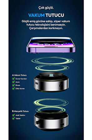 QASUL Universal Süper Manyetik Vakum Araç İçi Telefon Tutucu, Masaüstü, Duvar, Ayna