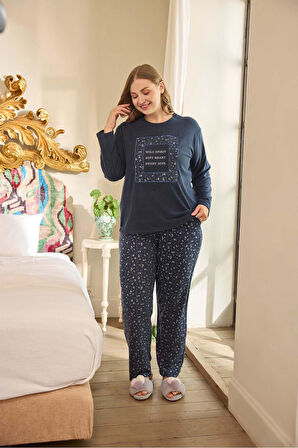 Aydoğan Kadın Suzi Büyük Beden Thermal Lacivert Pijama Takım 0685