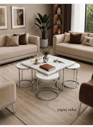 Star 4+1 Gümüş Beyaz MDF Salon Orta Sehpa ve Yuvarlak Zigon Sehpa Takımı