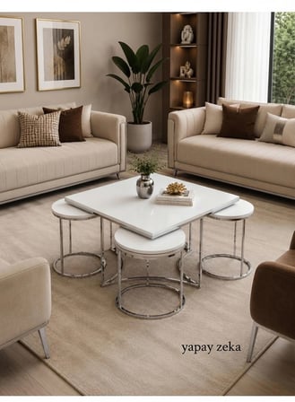 Star 4+1 Gümüş Beyaz MDF Salon Orta Sehpa ve Yuvarlak Zigon Sehpa Takımı