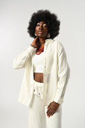 KADIN %100 KETEN DÜZ RENK OVERSİZE KESİM GÖMLEK