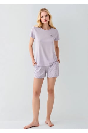 Kadın Lila Pamuklu Şortlu Pijama Takımı - Kısa Kollu Desenli Şort Set