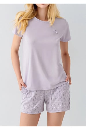 Kadın Lila Pamuklu Şortlu Pijama Takımı - Kısa Kollu Desenli Şort Set