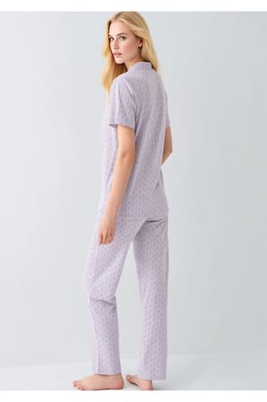 Lila Desenli Önden Düğmeli Pamuklu Kadın Pijama Takımı