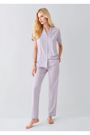 Lila Desenli Önden Düğmeli Pamuklu Kadın Pijama Takımı
