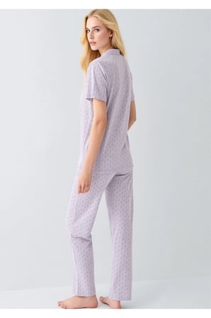 Lila Desenli Önden Düğmeli Pamuklu Kadın Pijama Takımı
