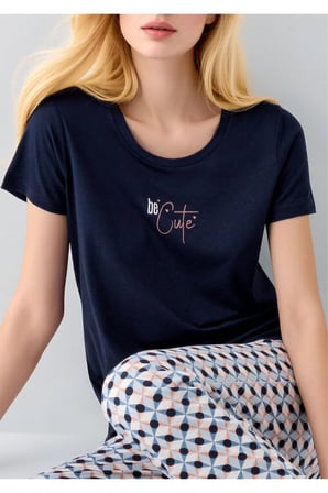 Kadın Lacivert Be Cute Yazılı Desenli Alt Pijama Takımı - Pamuklu Ev Giyimi