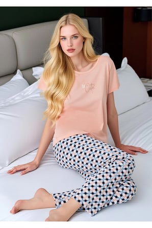 Kadın Somon Be Cute Yazılı Desenli Alt Pijama Takımı - Pamuklu Ev Giyimi