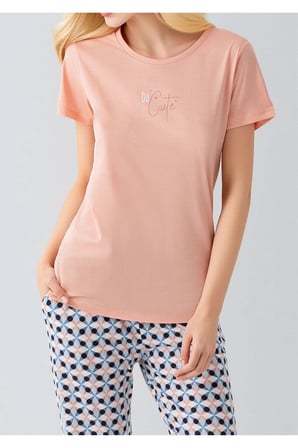 Kadın Somon Be Cute Yazılı Desenli Alt Pijama Takımı - Pamuklu Ev Giyimi