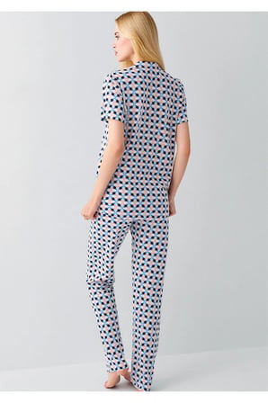 Kadın Düğmeli Gömlek Yaka Pijama Takımı - Geometrik Desenli Kısa Kollu Set