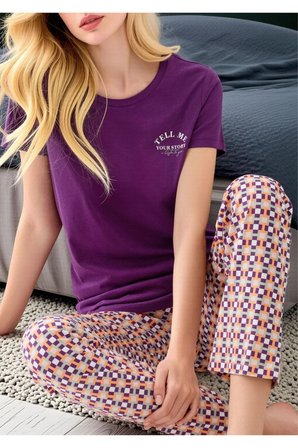 Kadın Mor Uzun Pijama Takımı - Desenli Pantolonlu Pamuklu Ev Giyimi Seti