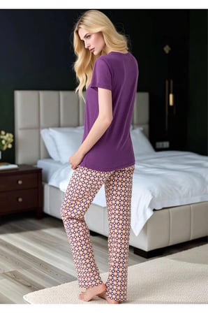 Kadın Mor Uzun Pijama Takımı - Desenli Pantolonlu Pamuklu Ev Giyimi Seti