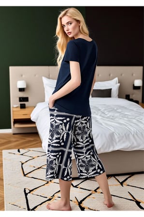 Kadın Lacivert Patlı Yaka Kapri Pijama Takımı - Etnik Desenli Pamuklu Ev Giyimi