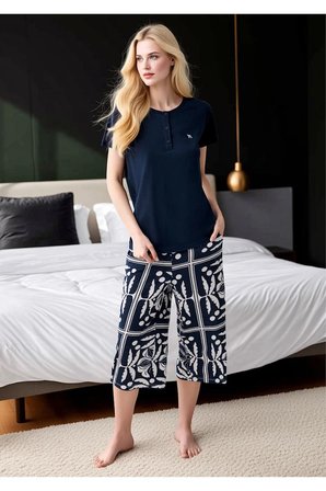 Kadın Lacivert Patlı Yaka Kapri Pijama Takımı - Etnik Desenli Pamuklu Ev Giyimi