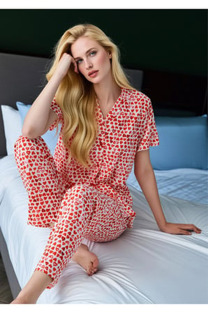 Kadın Kırmızı Kalp Desenli Gömlek Yaka Pijama Takımı - Önden Düğmeli Pamuklu Set