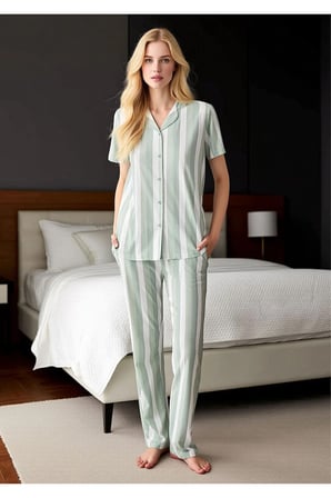 Kadın Su Yeşili Çizgili Düğmeli Pijama Takımı - Gömlek Yaka Pamuklu Ev Giyimi
