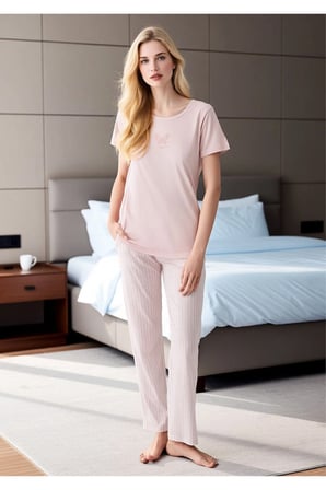 Kadın Kelebek Nakışlı Kısa Kollu Çizgili Pijama Takımı - Pamuklu Ev Giyim Takımı