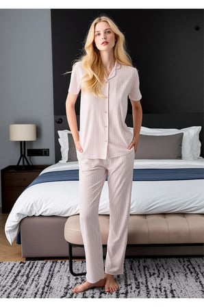Kadın Pembe Düğmeli Gömlek Yaka Pijama Takımı - Kısa Kollu Çizgili Ev Giyim Takımı