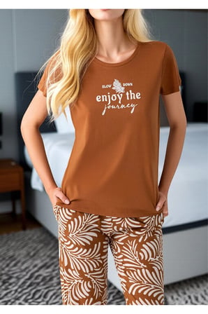 Kadın Enjoy the Journey Baskılı Kapri Pijama Takımı - Yaprak Desenli Pamuklu Set