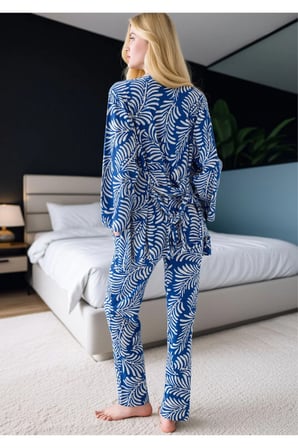 Kadın 3'lü Sabahlıklı Pijama Takımı - Dantelli Büstiyer ve Yaprak Desenli Pantolon Seti