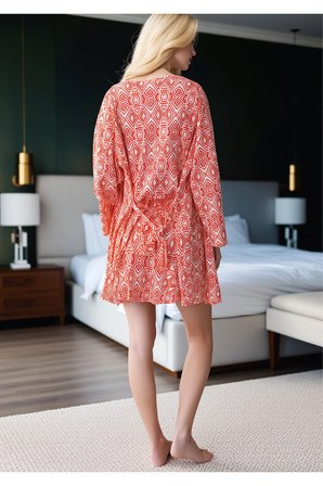 Geometrik Desenli Kimono Sabahlık ve Şort Takımı - Dantelli Bralet Detaylı 3'lü Ev Giyimi Seti