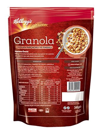 Kellogg's Çikolata Parçacıklı ve Fındıklı Granola 340 Gr,%44 Yulaf,Lif Kaynağı,Kahvaltılık Gevrek