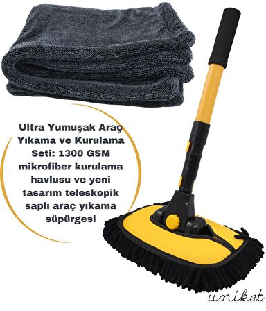 Ultra Yumuşak Araç Yıkama ve Kurulama Seti 1300 GSM mikrofiber kurulama havlusu ve yeni tasarım teleskopik saplı araç yıkama süpürgesi.