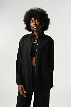 KADIN %100 KETEN DÜZ RENK OVERSİZE KESİM GÖMLEK