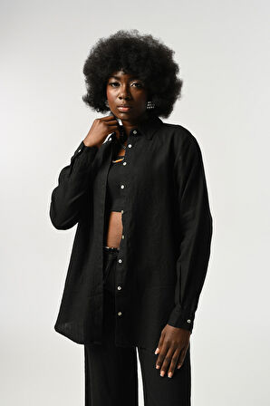 KADIN %100 KETEN DÜZ RENK OVERSİZE KESİM GÖMLEK