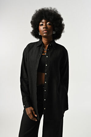 KADIN %100 KETEN DÜZ RENK OVERSİZE KESİM GÖMLEK