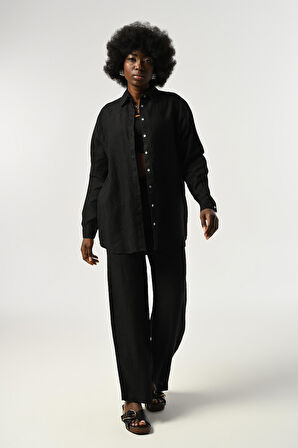 KADIN %100 KETEN DÜZ RENK OVERSİZE KESİM GÖMLEK