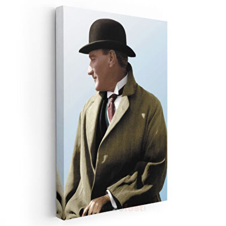 Şapkalı Atatürk - Açık Renk Palto Portresi Kanvas Tablo