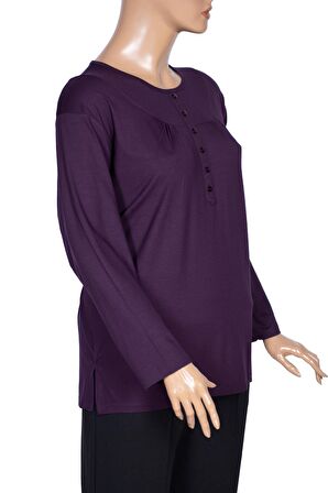 Cimariva Kadın Arsu Büyük Beden Robalı Süs Düğmeli Mürdüm Bluz