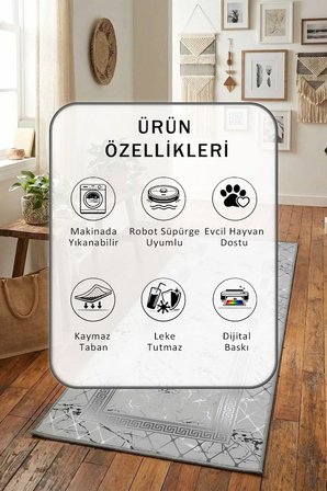 Ajda Gümüş Dijital Baskılı Kaymaz Yıkanabilir Yolluk - Leke Tutmaz Açık Gri