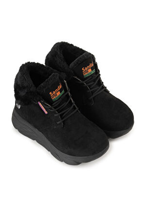 Sandal Spor Kadın Süet Kürklü Kısa Spor Bot SS001-0478 SİYAH