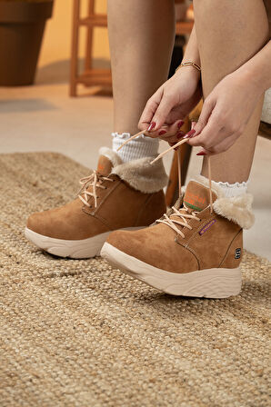 Sandal Spor Kadın Süet Kürklü Kısa Spor Bot SS001-0478 TABA