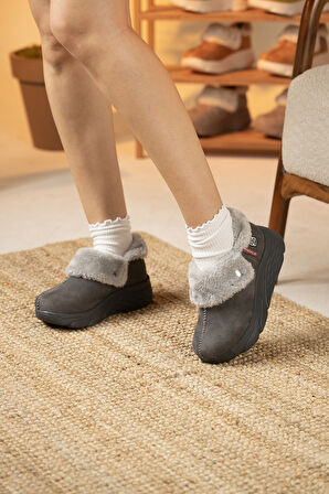 Sandal Spor Kadın Süet Kürklü Ortopedik Ayakkabı SS001-0378 FÜME