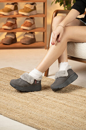 Sandal Spor Kadın Süet Kürklü Ortopedik Ayakkabı SS001-0378 FÜME