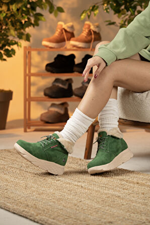 Sandal Spor Kadın Süet Kürklü Kısa Spor Bot SS001-0478 YEŞİL