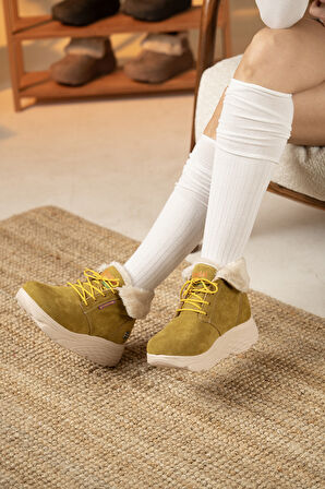 Sandal Spor Kadın Süet Kürklü Kısa Spor Bot SS001-0478 HARDAL