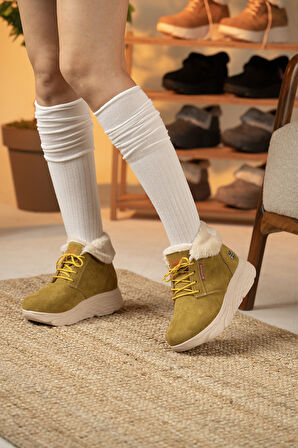 Sandal Spor Kadın Süet Kürklü Kısa Spor Bot SS001-0478 HARDAL