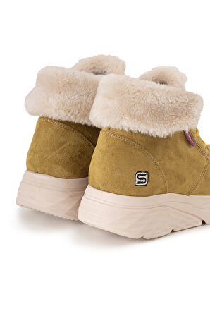 Sandal Spor Kadın Süet Kürklü Kısa Spor Bot SS001-0478 HARDAL