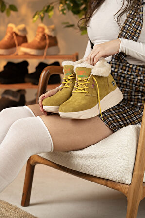 Sandal Spor Kadın Süet Kürklü Kısa Spor Bot SS001-0478 HARDAL