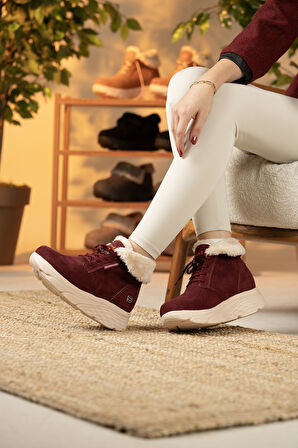 Sandal Spor Kadın Süet Kürklü Kısa Spor Bot SS001-0478 BORDO