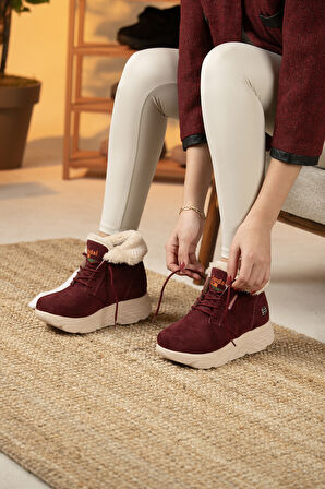 Sandal Spor Kadın Süet Kürklü Kısa Spor Bot SS001-0478 BORDO