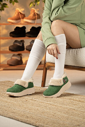 Sandal Spor Kadın Süet Kürklü Ortopedik Ayakkabı SS001-0378 YEŞİL