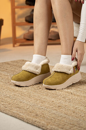 Sandal Spor Kadın Süet Kürklü Ortopedik Ayakkabı SS001-0378 HARDAL