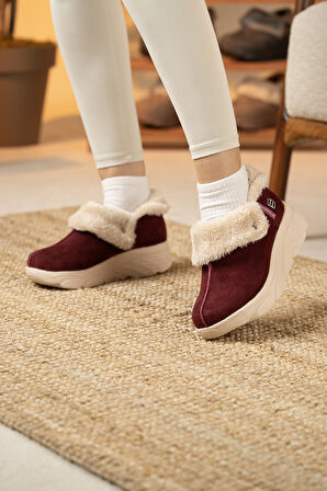 Sandal Spor Kadın Süet Kürklü Ortopedik Ayakkabı SS001-0378 BORDO